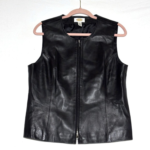 Talbots Jackets & Blazers - Talbots Leather Vest Womens 10 Black Full Zip Round Neck Shell Biker Moto Goth